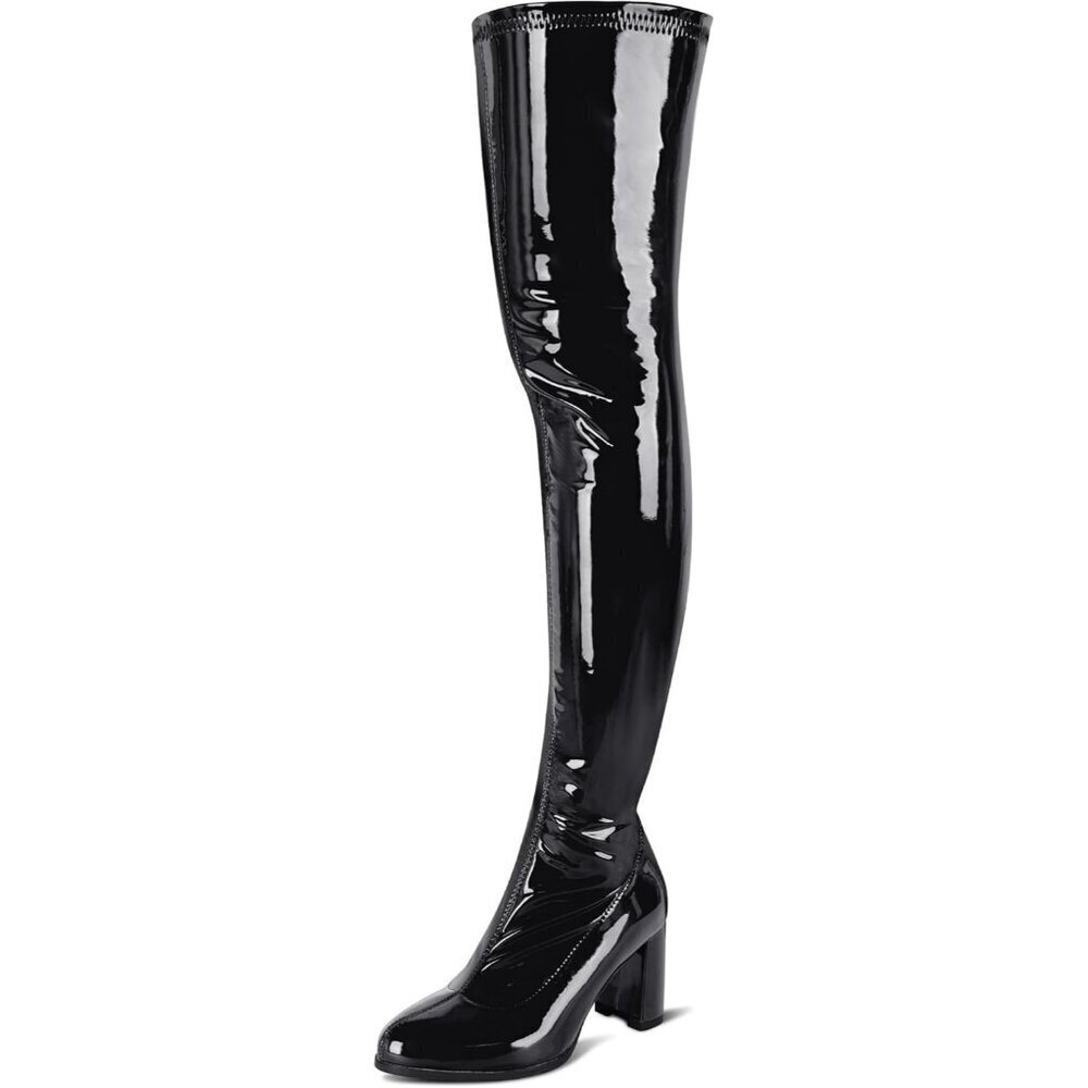 Women Black Patent Leather PU Thigh High Boots Pointed Toe Over The Knee Boots